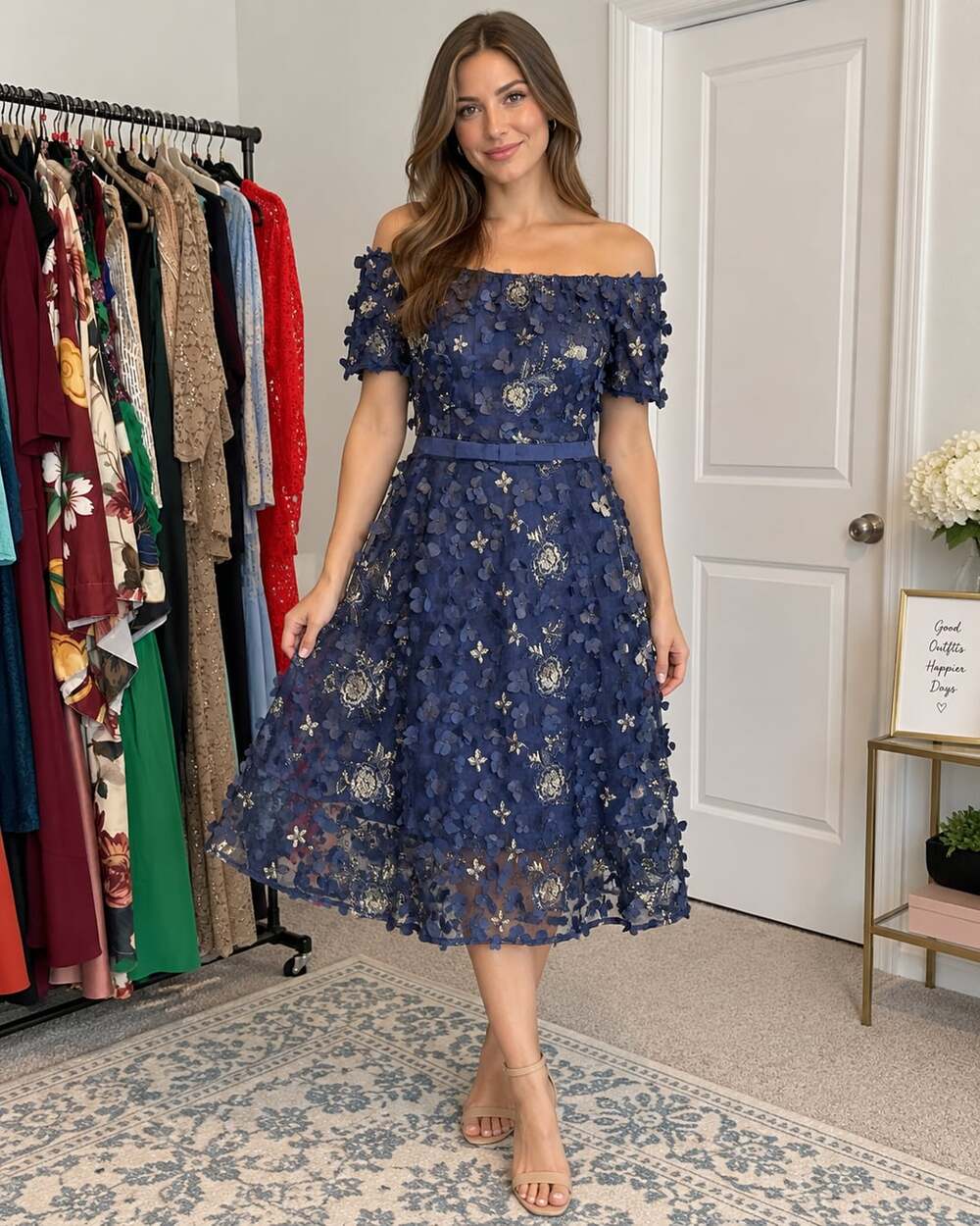 Shixan Gushi Floral Applique Off-Shoulder Midi Dress Size M Blue